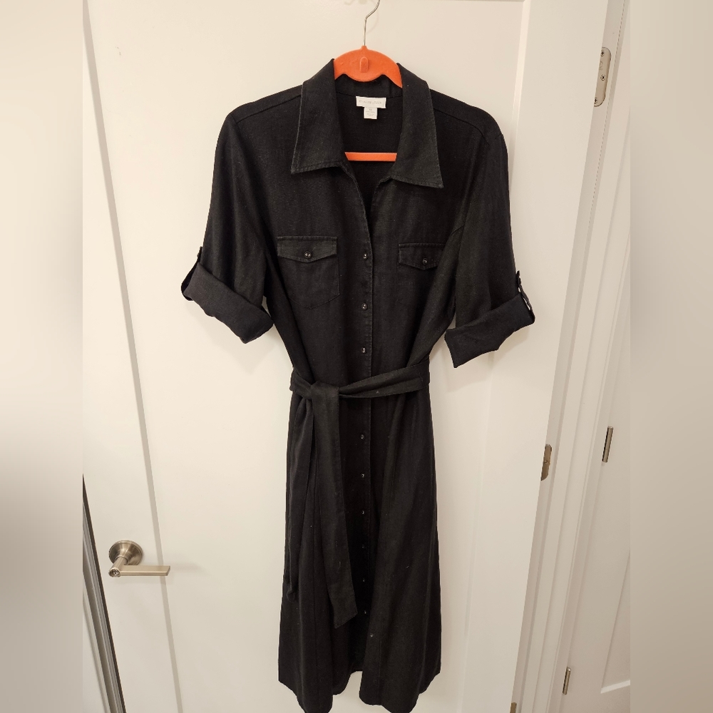 NWOT - Linen - Charter Club - Black Midi Shirt Dress  - Size 16